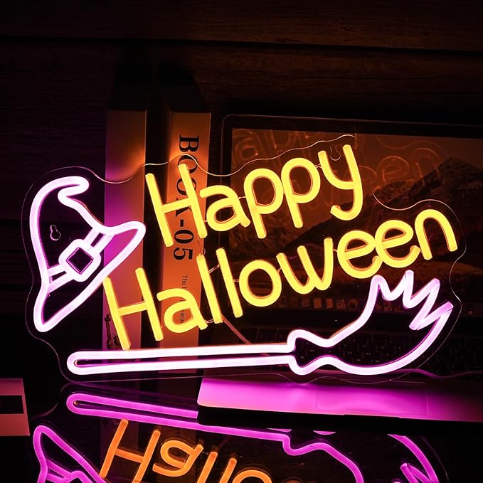 Happy Halloween Neon Sign Witch Hat Neon Sign Dimmable Broom Led Wall Decor - Image 5