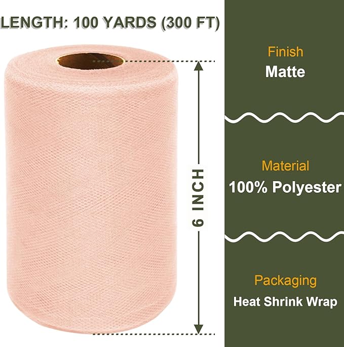 Blush Tulle Fabric Roll 6 Inch X 300 FT Matte Tulle Ribbon Netting Mesh Spool - Image 2