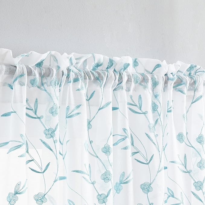 Sheer Curtains White-Blue Embroidery 63 Inch Length Rod Pocket Voile Drapes - Image 2