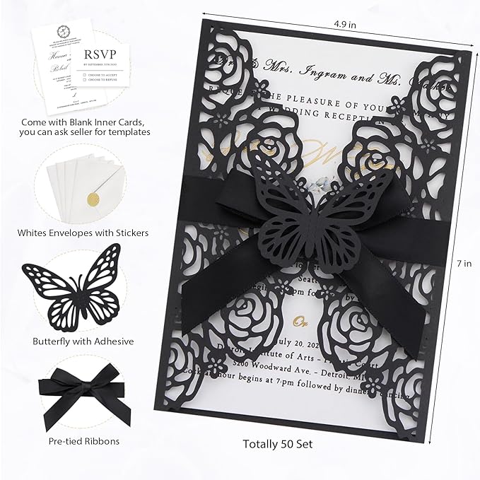 50pcs Black Wedding Invitation Kit Butterfly Laser Cut Invittations Pocket - Image 2