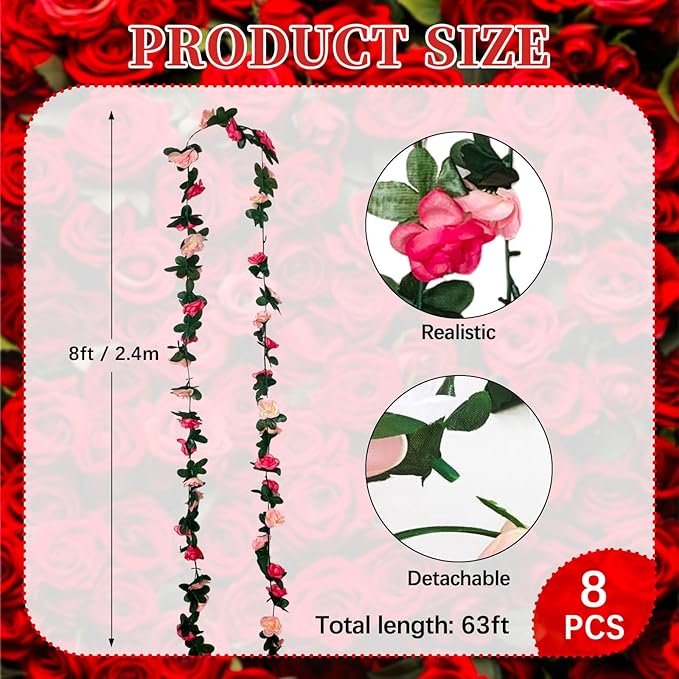 8Pcs 63Ft Pink Rose Garland, Fake Rose Hanging Flowers, Artificial Flower Vine - Image 2