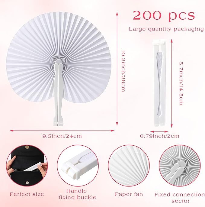 Handepo 200 Pieces Wedding Fans Folding Paper Fans Paper Fans Round Shaped - Image 3