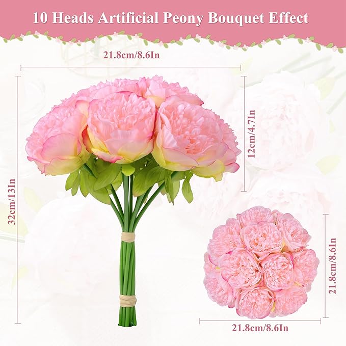 U'Artlines 2 Bouquet 10 Heads Artificial Peony Silk Flower Leaf Home Office - Image 2