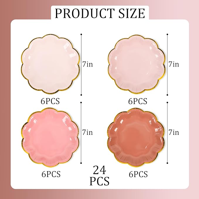 Dusty Pink Gradient Color Dessert Paper Plates 7 inch Gold Foil Scalloped Edge - Image 2
