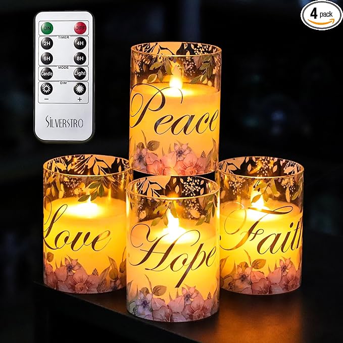 Silverstro Christmas Flameless Candles Glass Flickering Real Wax Floral LED by Silverstro