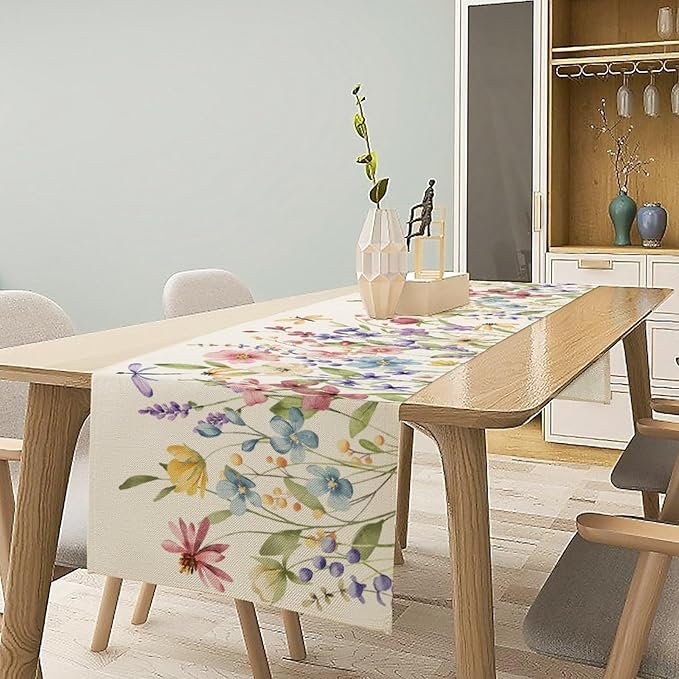Watercolor Floral Table Runner, Colorful Spring Summer Nature Flower Dragonfly - Image 6