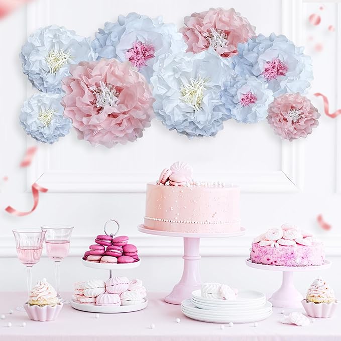 Pink Paper Flowers Decoration-Blush Pink Cream Colorful Paper Pom Poms Wall - Image 4