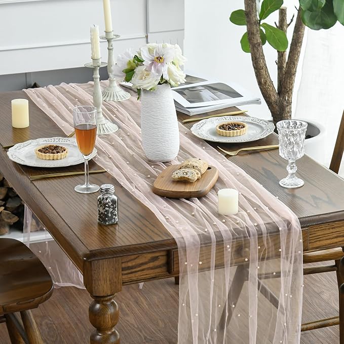 Artoid Mode Pearl Pink Gauze Table Runner 120 Inch 10FT, Seasonal Sheer Dining - Image 3