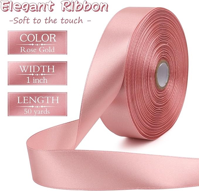 Rose Gold Solid Satin Ribbon 1 Inch 50 Yards Solid Polyester Fabric Ribbon - Image 2