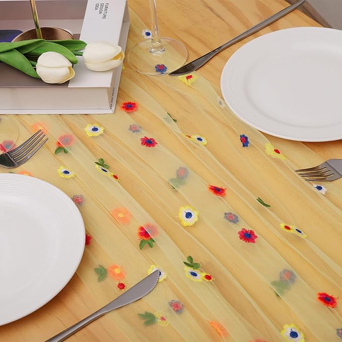 BINBE 6pcs Daisy Fall Table Runner Embroidery Gauze 10FT Florals Seasonal Tulle - Image 5