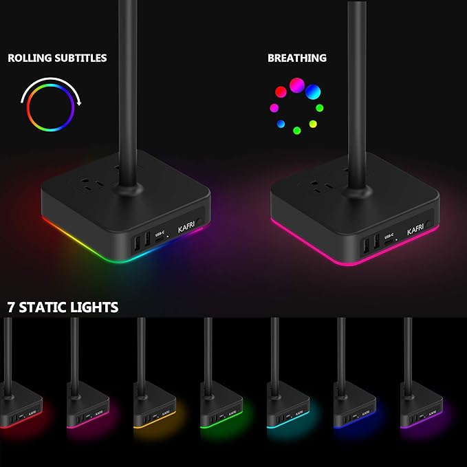 KAFRI RGB Headphone Stand with USB A&C Charger Desk Gaming Headset Holder - Image 2