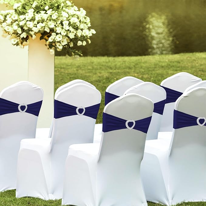 100PCS Spandex Stretch Navy Blue Chair Sashes Bows Universal Elastic Chair - Image 2