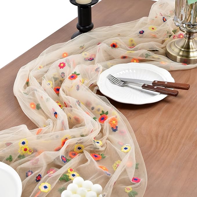 Joanlody Champagne Embroidery Daisy Fall Thanksgiving Table Runner 10ft Florals - Image 3