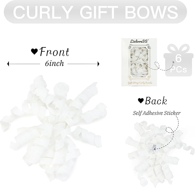 6" Metallic Glitter White Self Adhesive Curly Ribbon Gift Wrap Bows - Image 2