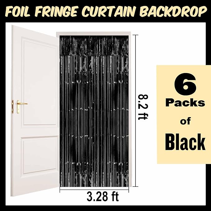 6 Pack Black Foil Fringe Curtains Backdrop, 3.28 x 8.2 Ft Metallic Streamers - Image 2