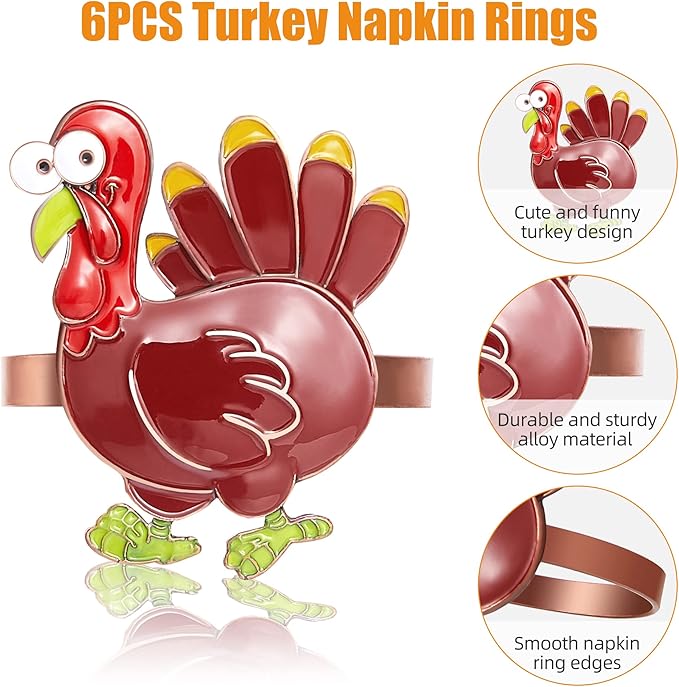 Halatool Thanksgiving Colorful Turkey Napkin Rings Set of 6, Funny Metal - Image 4