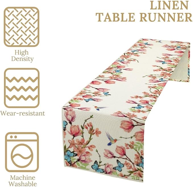 Spring Floral Bird Table Runner, Watercolor Pink Flower Plants Nature Butterfly - Image 4