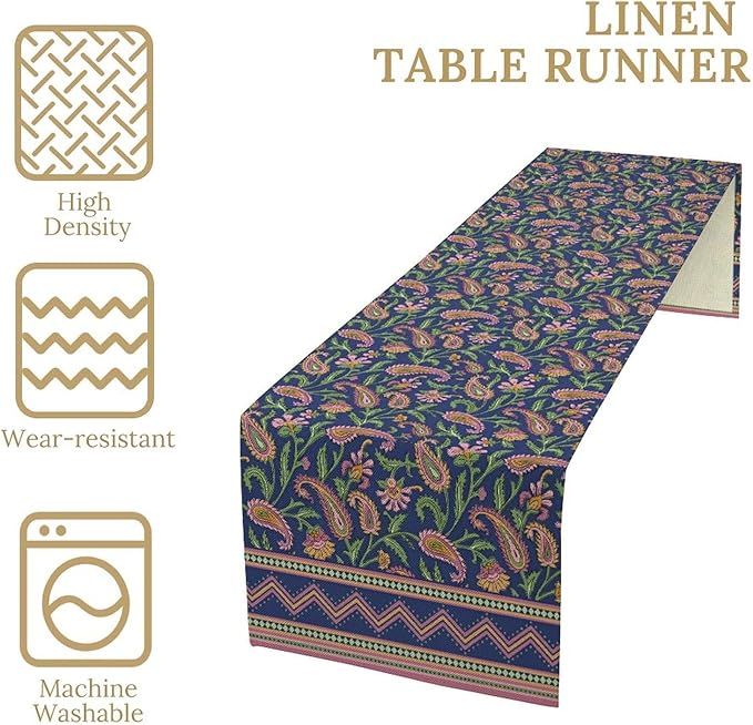 Colorful Paisley Floral Table Runner, Vintage Pink Purple Flowers Green Plants - Image 4