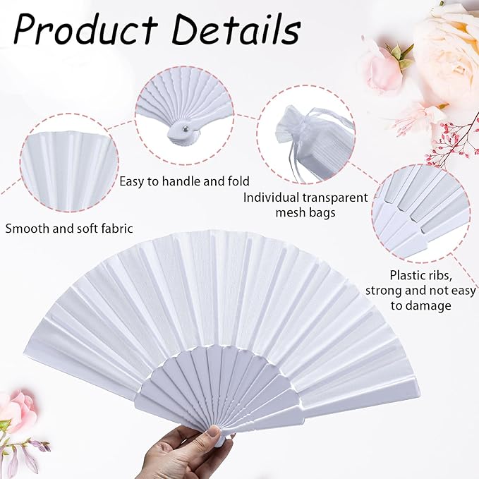 Wenqik 80 Pcs Wedding Folding Hand Fans Bulk Silk Fabric Chinese Handheld - Image 5