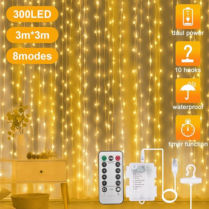 AOMIG Fairy Curtain Lights, 300 LED Warm White Window Curtain String Light - Image 5