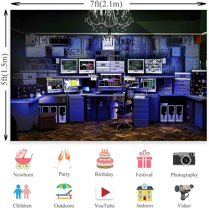 Custom Backdrop with Size Retro Computer Office Backdrop Blue Hacker Room - Image 2