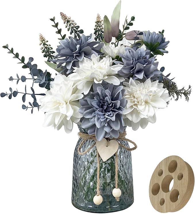 Fake Flowers in Vase, 8 Dahlias, Silk Artificial Flowers in Vase, Centerpiece by SHINFHOMF