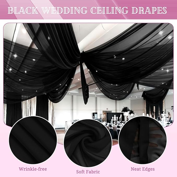 6 Panels Black Ceiling Drapes for Wedding 5ftx40ft Sheer Drapery Chiffon Fabric - Image 3