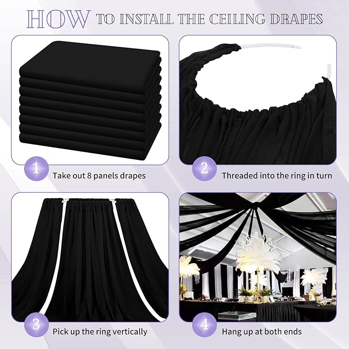 8 Panels Black Ceiling Drapes for Wedding 5ftx20ft Sheer Drapery Chiffon Fabric - Image 4