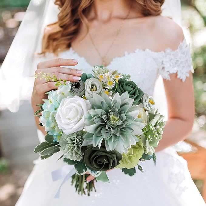 AmyHomie Forest Sage Green White Artificial Flowers Combo Silk Rose Fake - Image 3