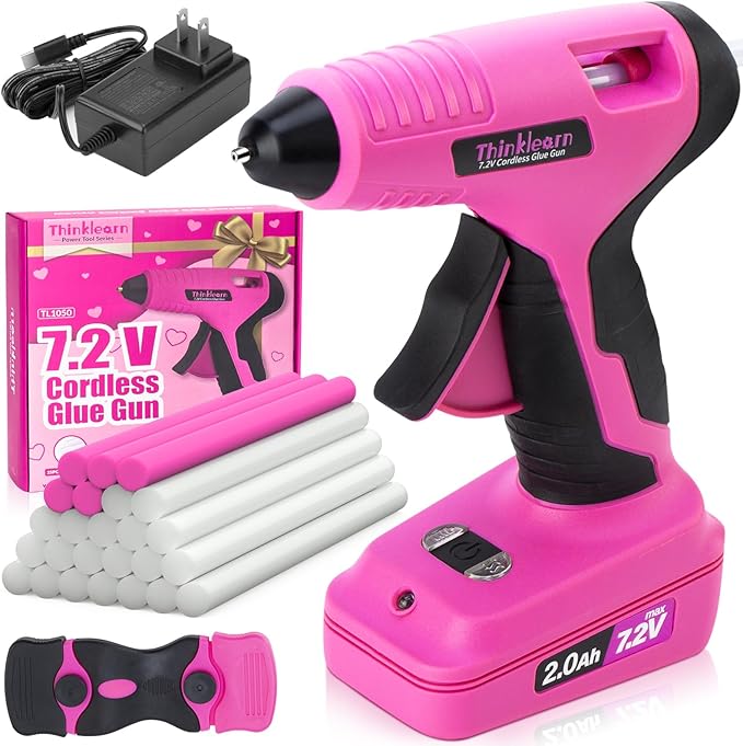 Cordless Hot Glue Gun, 7.2V Pink 15s Fast Preheating Glue Gun Set by THINKLEARN