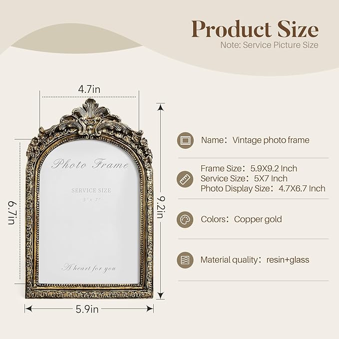 Cuspin Arched 5x7 Picture Frame Vintage Gold Frames, Bronze 5 by 7 Arched - Image 5