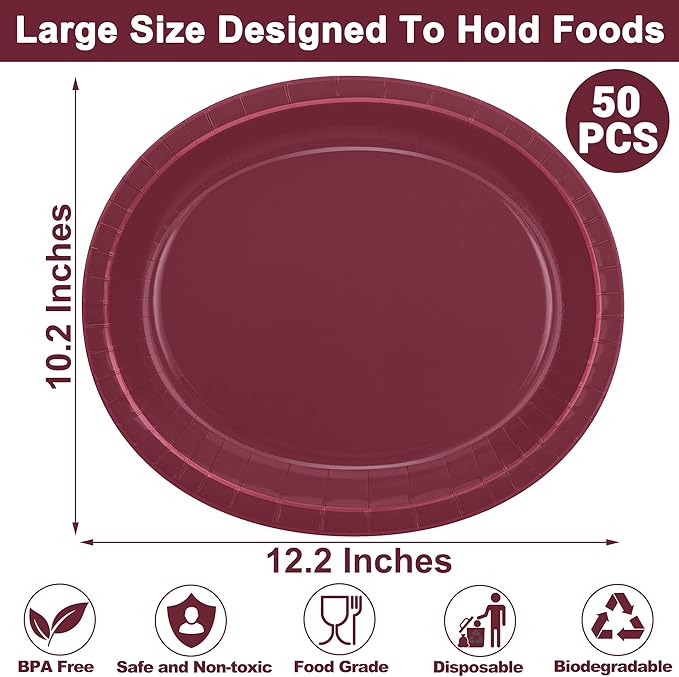QZYL 50 Count Large Paper Plates, 12.2'' X 10.2'' Oval Wine Red Disposable - Image 2