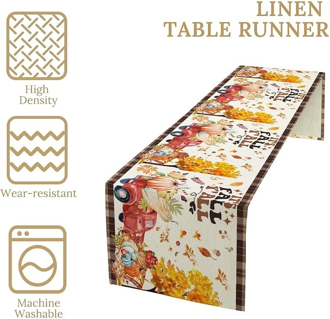 Fall Pumpkin Table Runner, Rustic Maple Yellow Leaf Trees Truncks Brown Plaid - Image 2