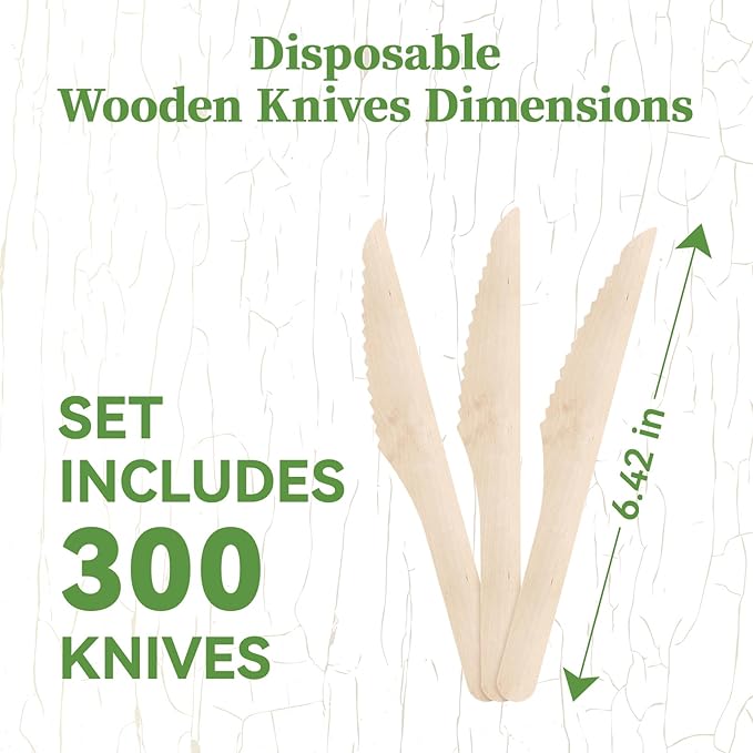 ECOLipak 300 Count Disposable Wooden Knives, Wooden Compostable Disposable - Image 2