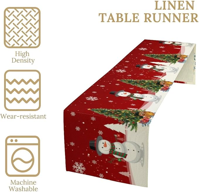 Christmas Table Runner, Snowman Rustic Red Snowflake Winter Table Cloth Kitchen - Image 4