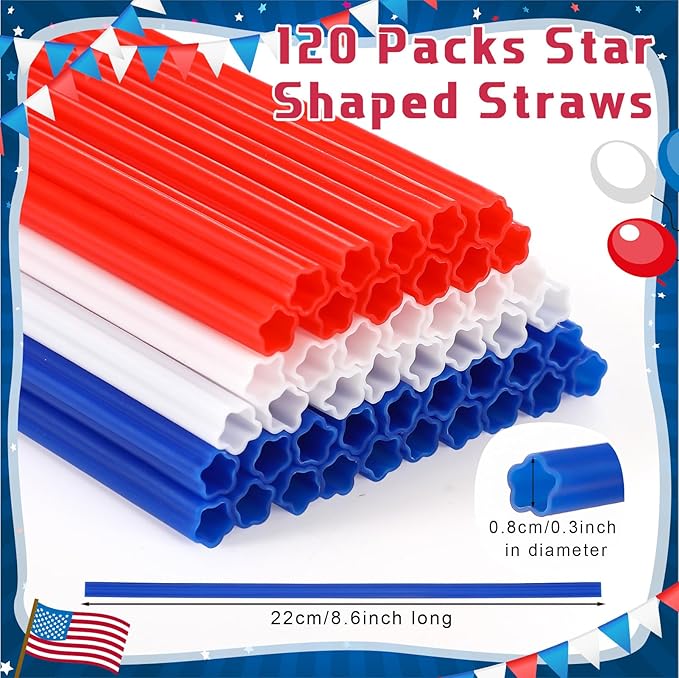 120 Pcs Plastic Straws Red Blue White Star Shaped Straws Patriotic Disposable - Image 3
