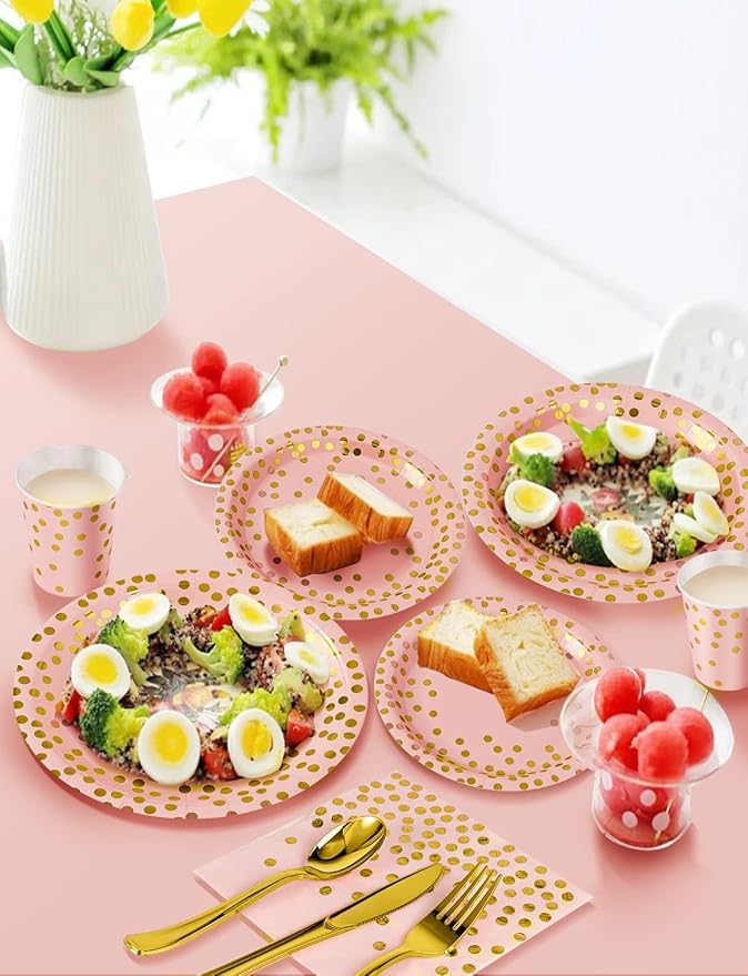 141 Pieces Pink Gold Party Supplies, Party Dinnerware Sets Include Paper Plates - Image 5