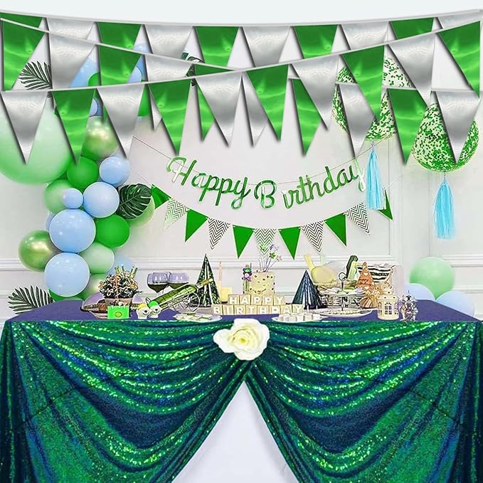 20M/65FT Green Silver Triangle Pennant Banner Flag Metallic Fabric Bunting - Image 4