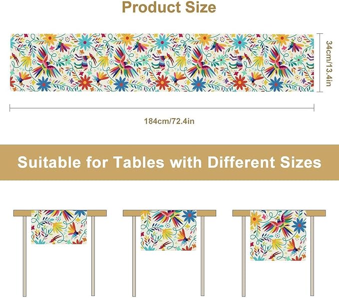 Mexican Table Runner, Boho Colorful Nature Inspired Flowers and Birds Table - Image 7