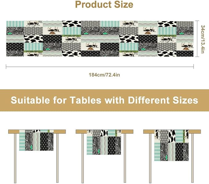 Cute Cow Print Table Runner, Farm Animals Honeycomb Plaid Stripes Cowhide - Image 2
