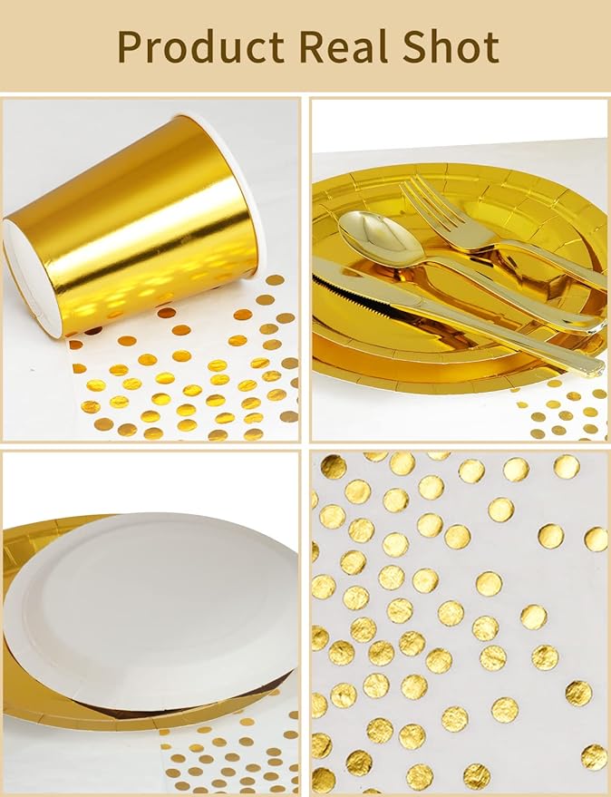 141 Pieces Gold Party Supplies, Party Dinnerware Sets Include Paper Plates - Image 2