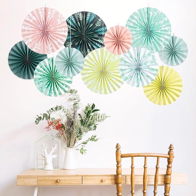 SUNBEAUTY 11 Pcs Sage Green Paper Fans Decoration Ceiling Decor Leaves Paper - Image 5