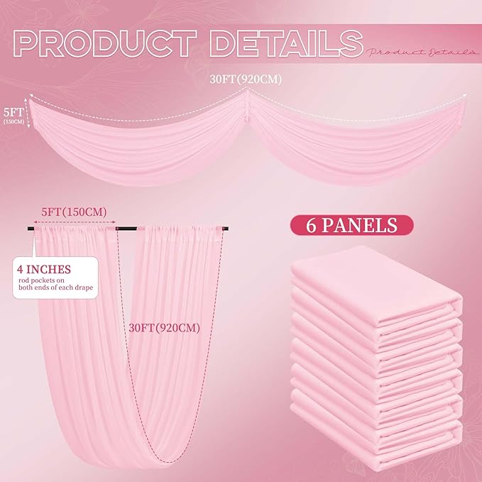 6 Panels Pink Ceiling Drapes for Wedding 5ftx30ft Ceiling Drapes Wedding Arch - Image 2
