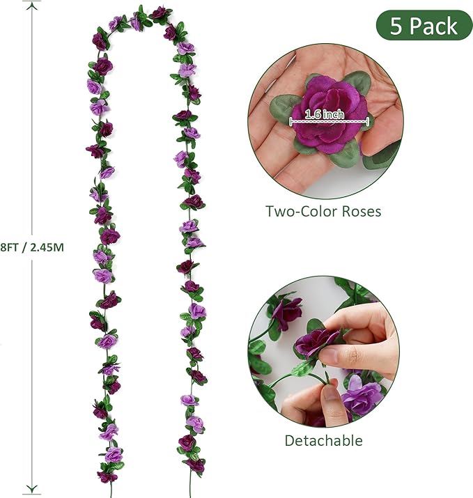 KHOYIME 5 Pack 40 FT Artificial Flower Garland, Fake Purple Roses Vines Silk - Image 3