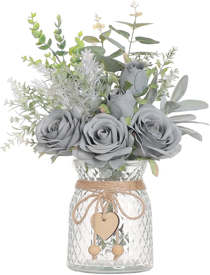 Faux Flowers with Vase, Artificial Silk Roses in Vase, Fake Plant Eucalyptus by VIERENA
