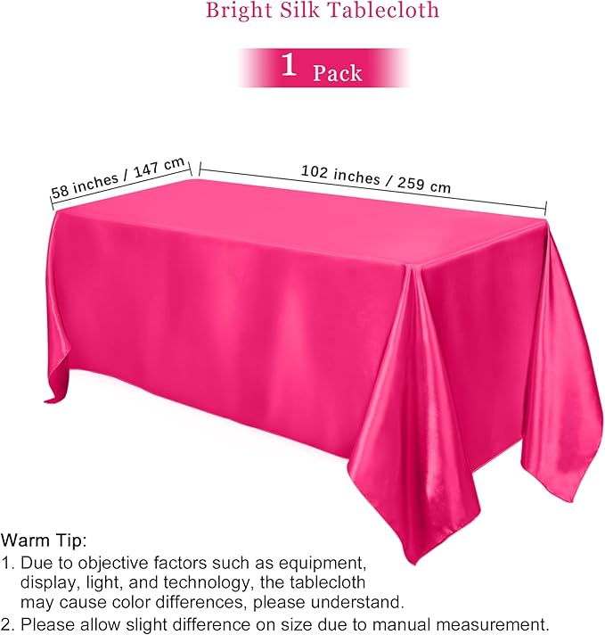 TURSTIN 1 Pack Hot Pink Satin Tablecloth 102 x 58 Inch Overlay Satin Table - Image 2
