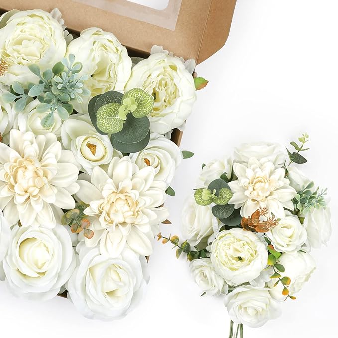 AmyHomie Ivory Artificial Flowers Combo Silk Mix Peony Rose Hydrangea Fake - Image 8