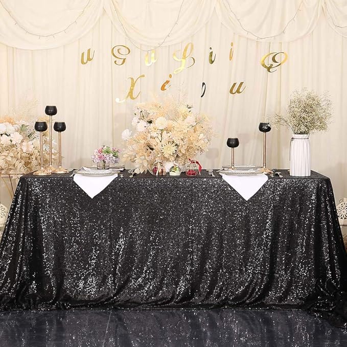 SquarePie Sequin Tablecloth 90 x 132 Inch Black Sparkly Table Linen - Image 4