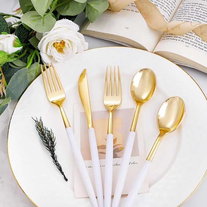 I00000 300 Pcs Gold Plastic Silverware - Image 6