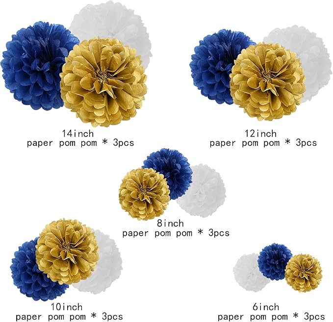 Navy-Blue White Gold Paper Flowers - Image 3